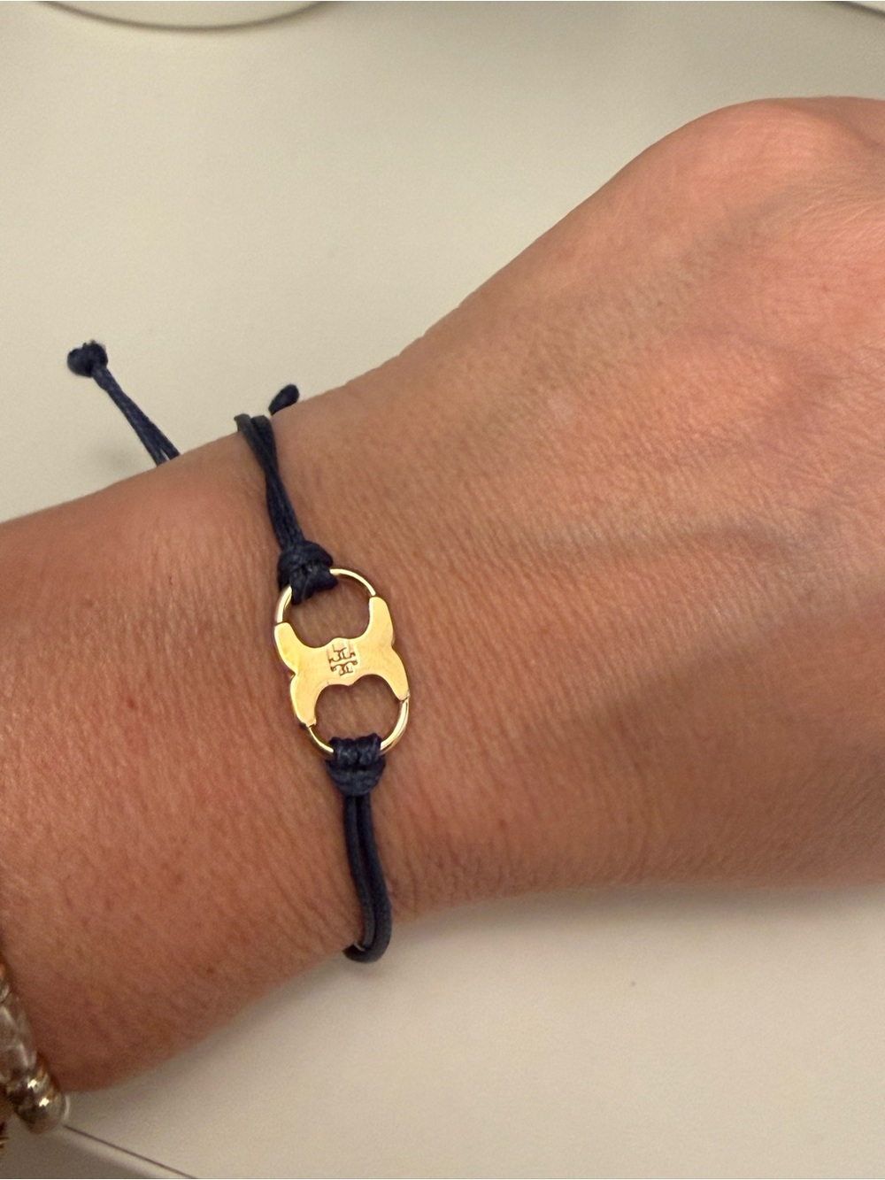 Tory Burch Gold Logo Navy Cord Adjustable Bracelet